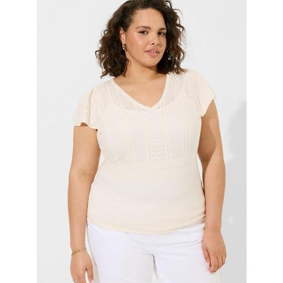 Torrid 2X Ivory Pointelle Knit Top | Plus V Neck Short Sleeve Sweater Blouse - Picture 1 of 9